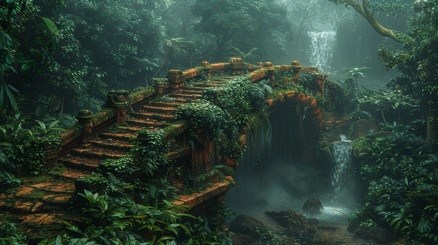 Abandoned stone bridge in rainforest overgrown with vegetation.