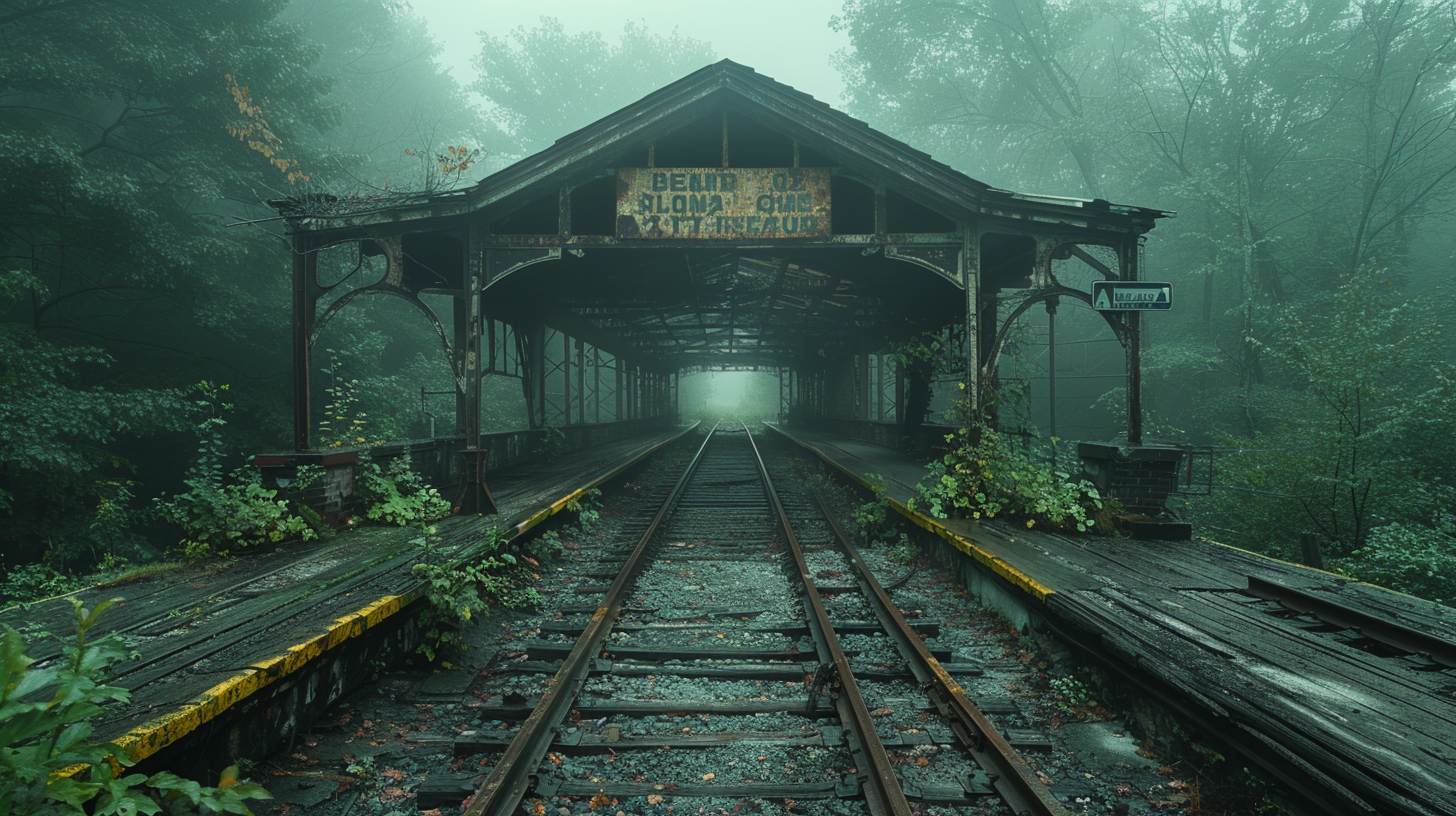 Abandoned train station in woods, nature reclaiming structure.