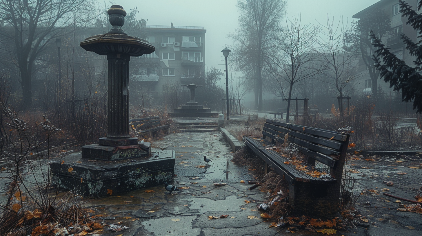 Abandoned urban square with cracked fountains, broken statues.