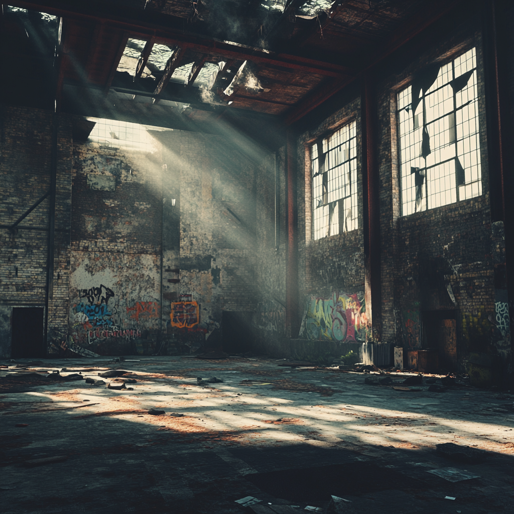 Abandoned warehouse with crumbling walls, broken windows, graffiti.