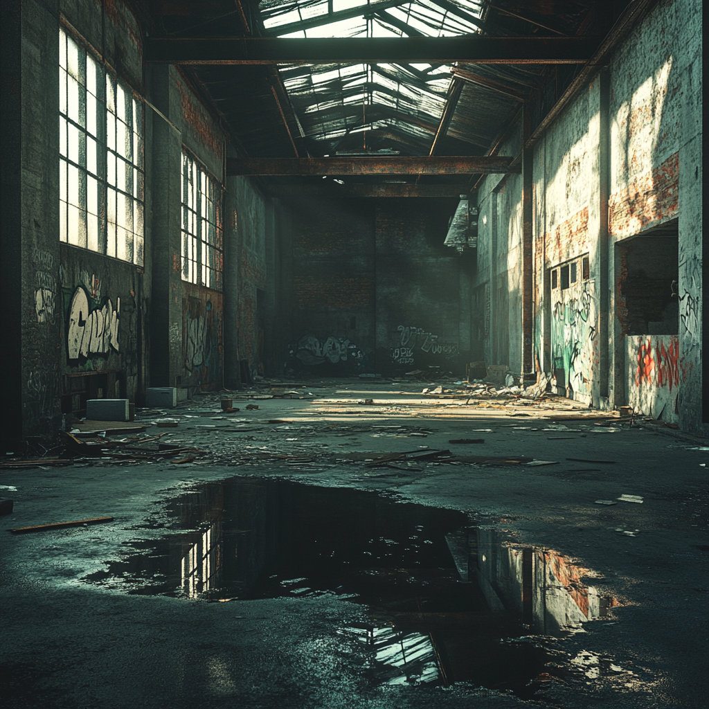 Abandoned warehouse with crumbling walls and broken windows.