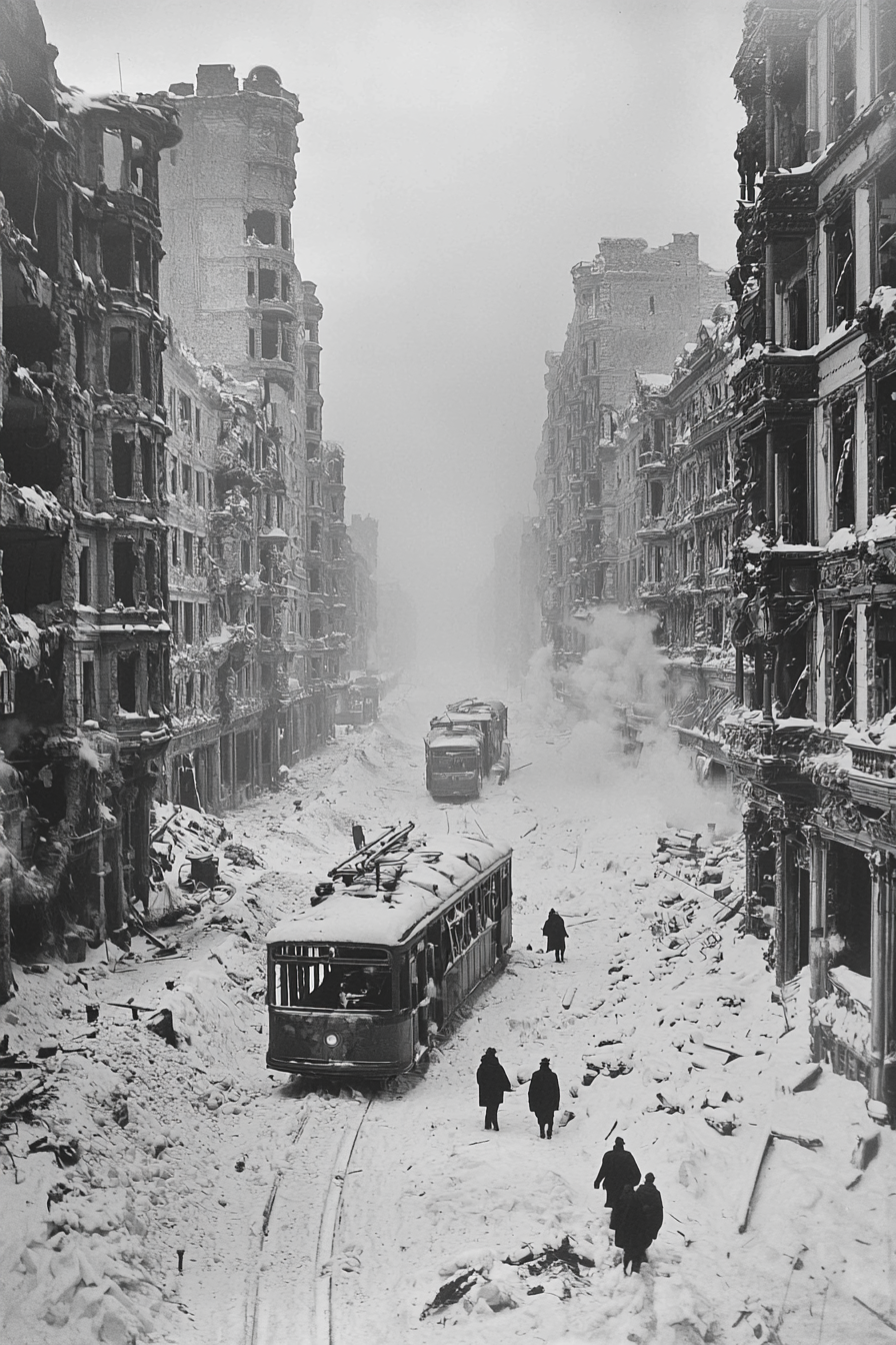 Abandoned winter street with ruined trams, snow, futuristic.