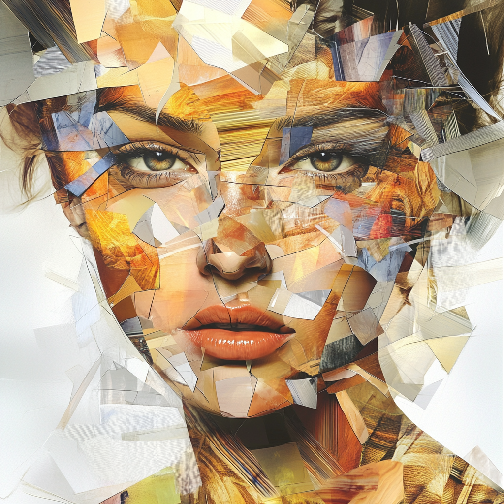 Abstract, fragmented portrait of woman's face with angular shapes.