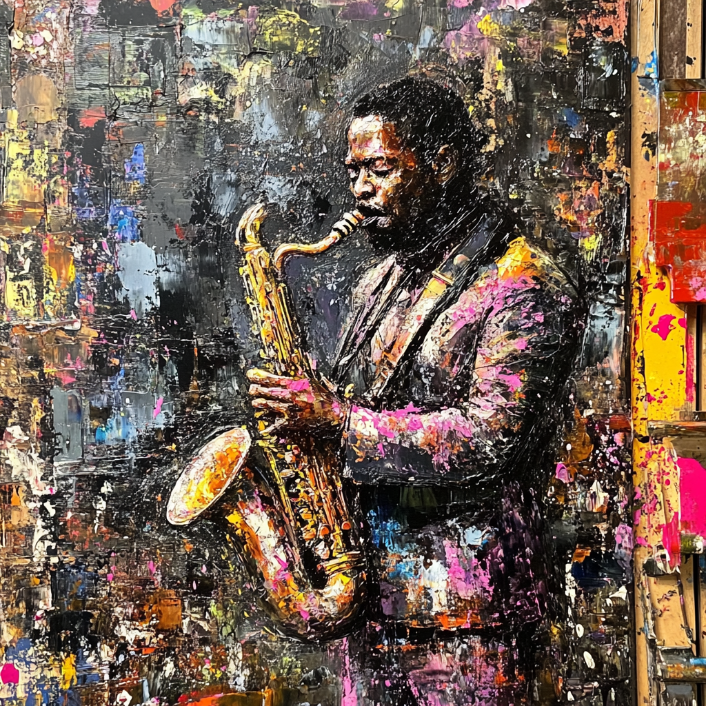 Abstract African saxophone player in detailed paint splatter