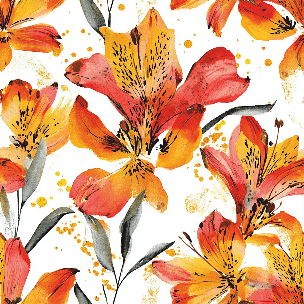 Abstract Alstroemeria Pattern with Golden Paint Splashes