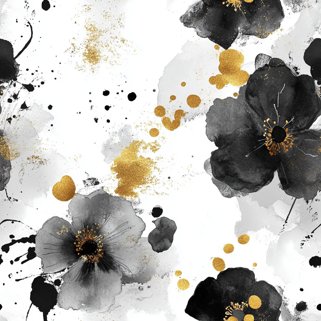 Abstract Boho Flowers Pattern with Gold Splashes