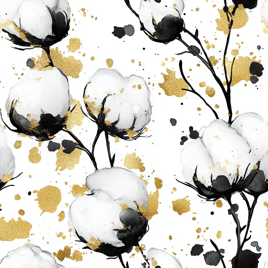 Abstract Cotton Flower Pattern with Golden Splashes