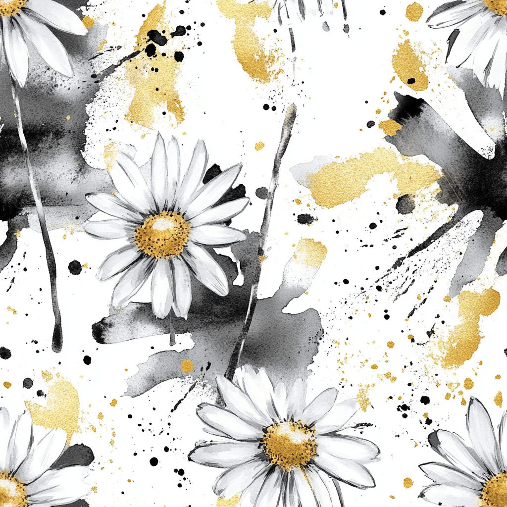 Abstract Daisy Pattern with Gold Splashes