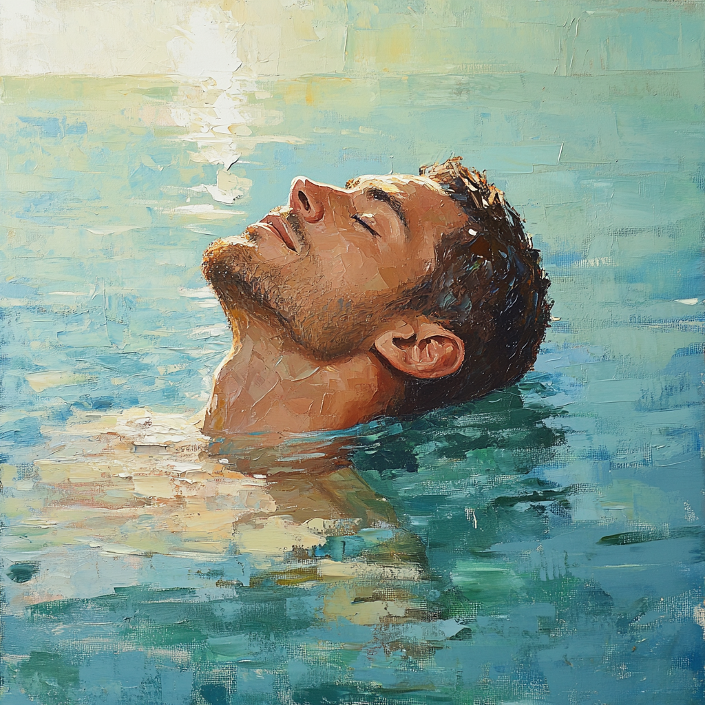 Abstract French Style Painting of Middle-Aged Man in Water