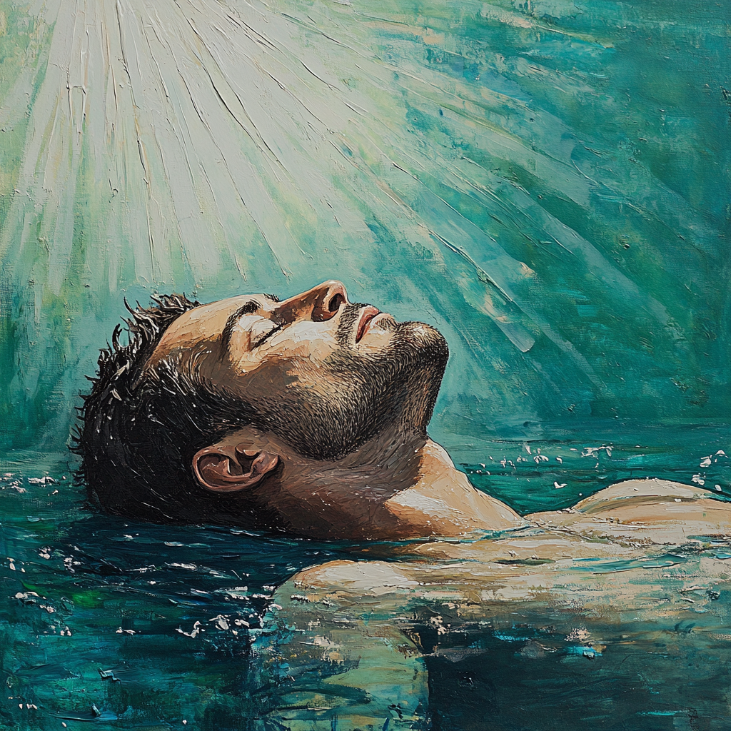 Abstract French Style Painting: Middle-Aged Man in Water