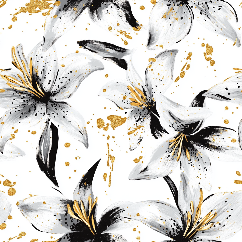 Abstract Lily Pattern with Golden Paint Splashes