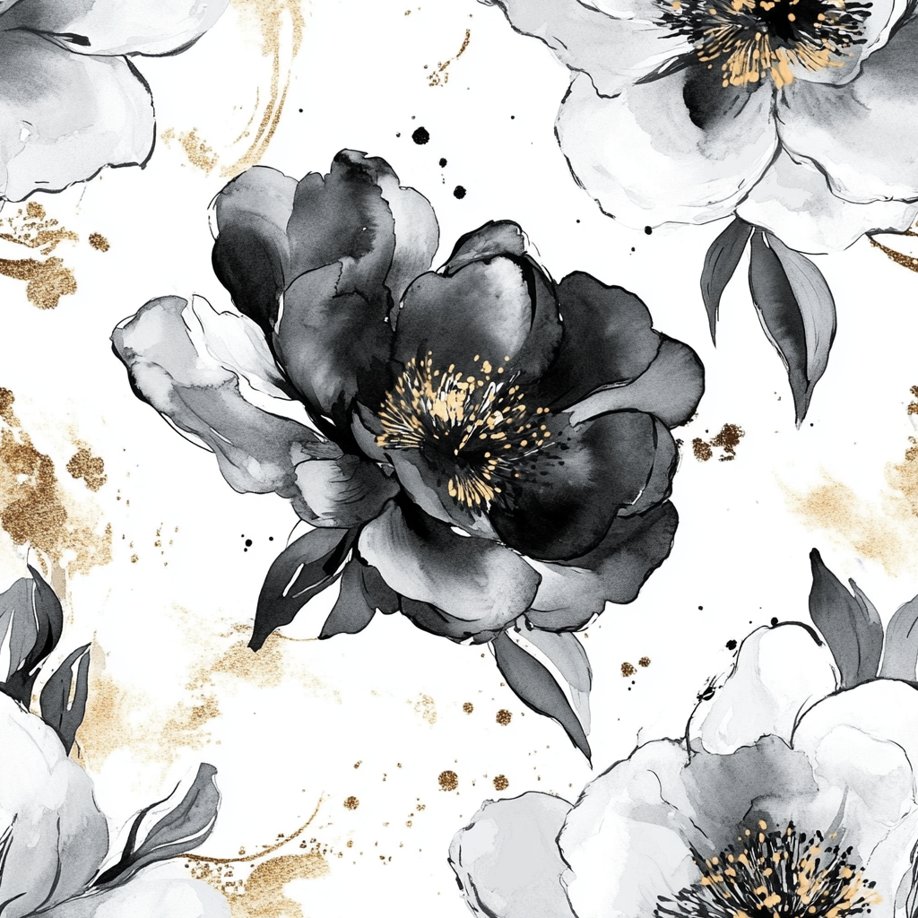 Abstract Peonies Pattern with Gold Splashes