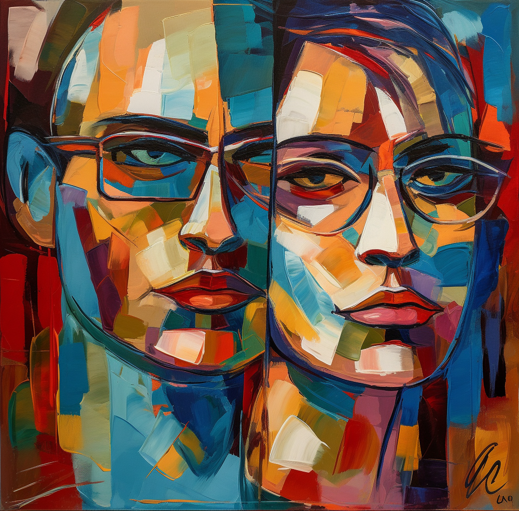 Abstract Picasso-style oil painting of male & female faces.