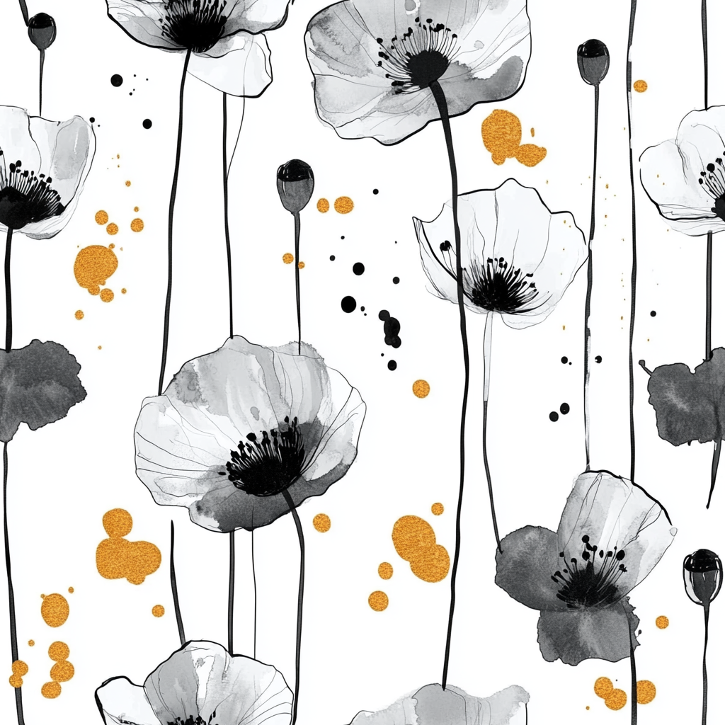 Abstract Poppies Pattern with Golden Splashes