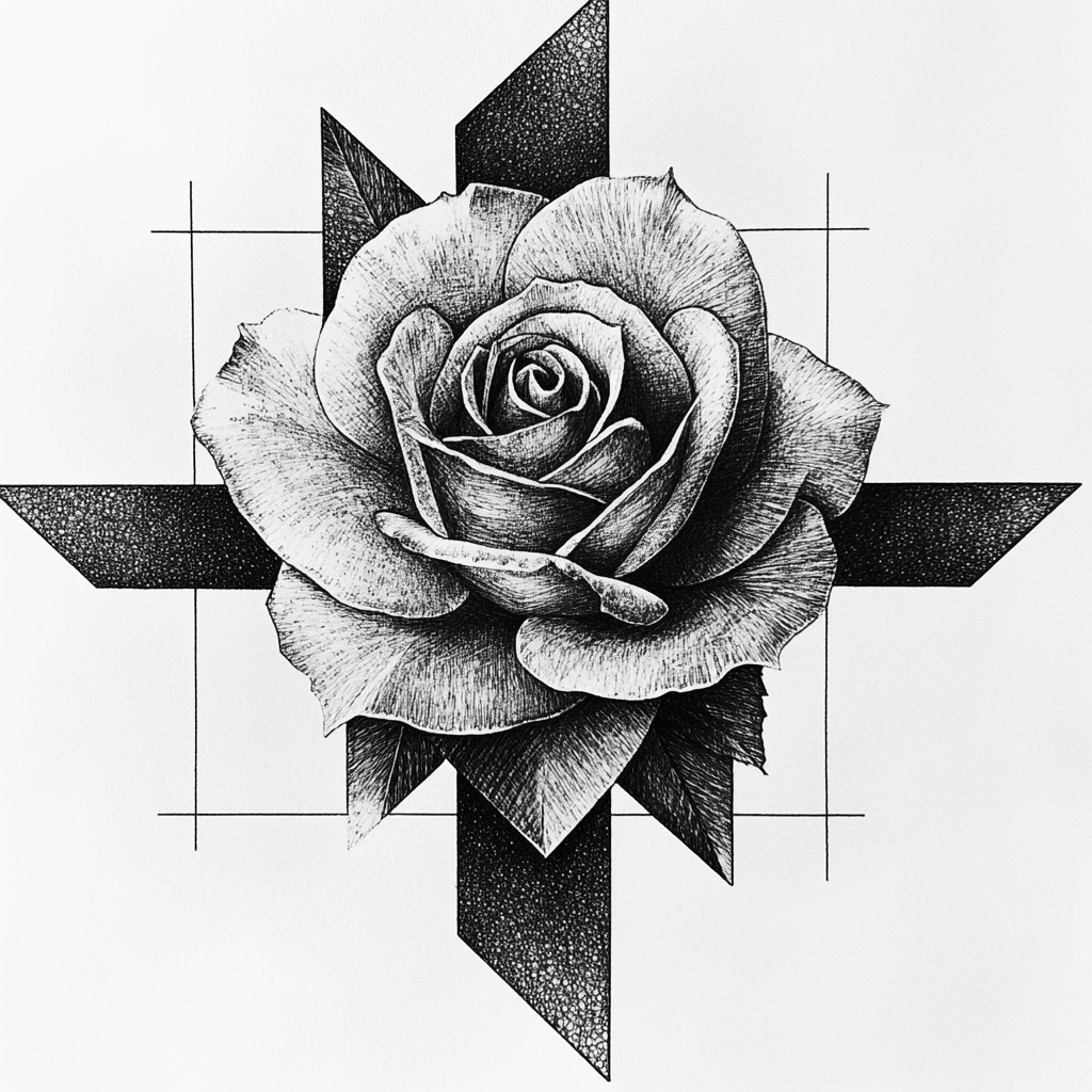 Abstract Rose Tattoo Drawing with Geometric Shapes