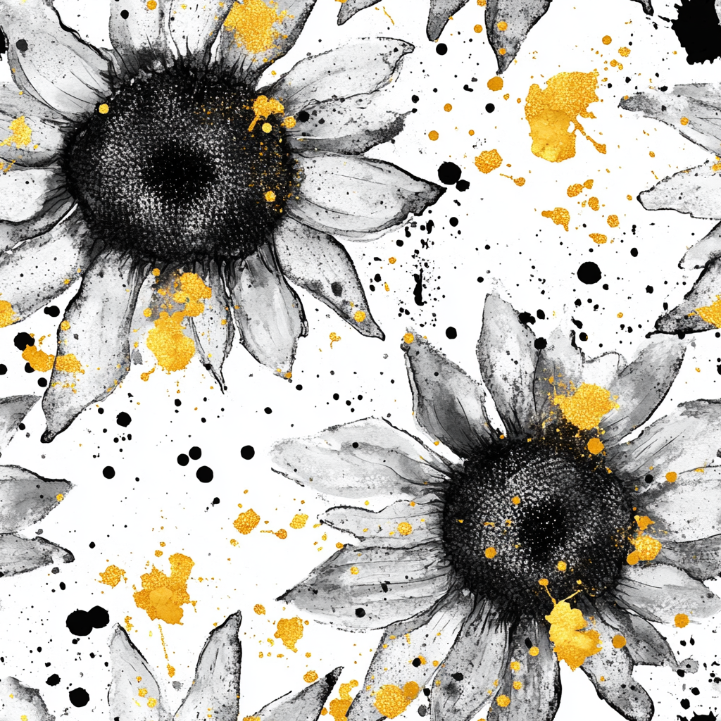 Abstract Sunflower Pattern with Gold Splashes