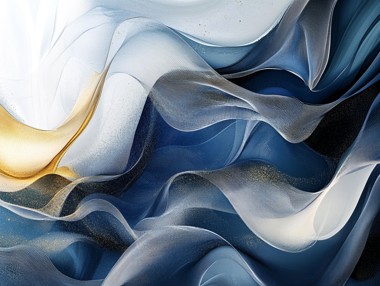 Abstract art with flowing lines in blue, gold, white