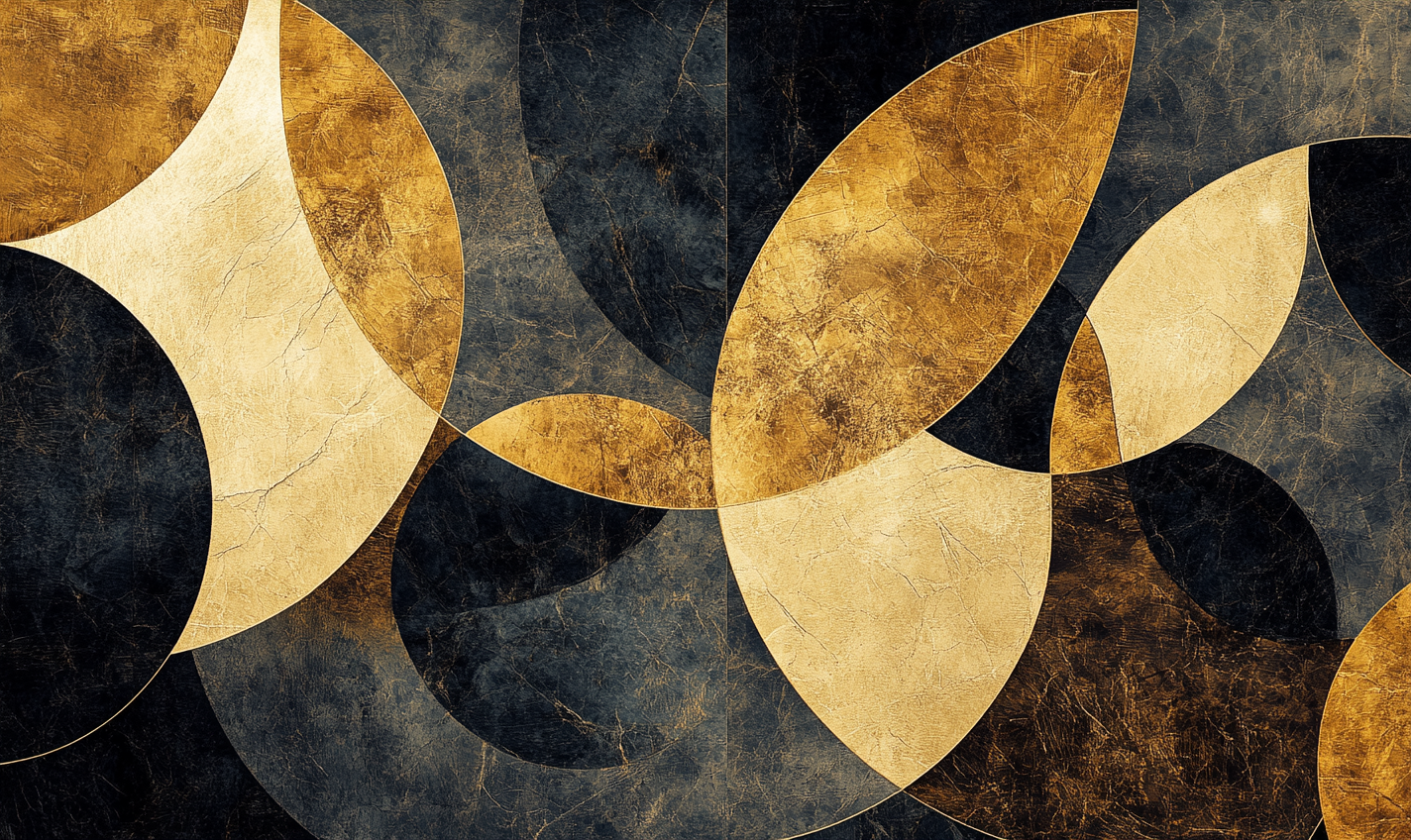 Abstract art with merging triangles, circles breaking into squares.