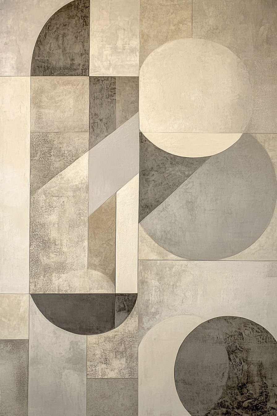 Abstract art with rectangles, circles in soft neutrals.