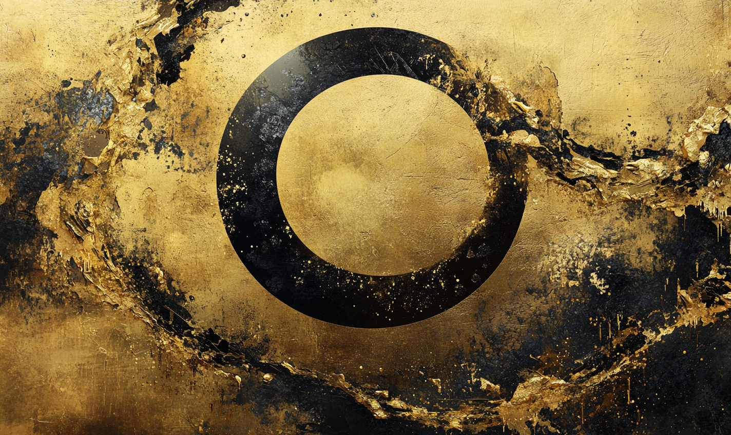 Abstract artwork: enso circles become ouroboros in liquid gold.