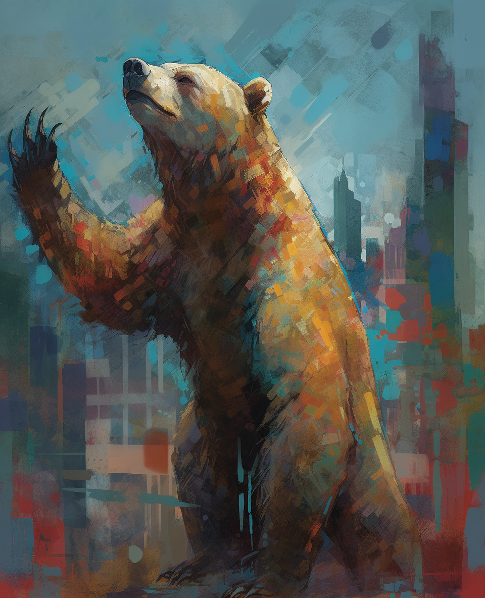 Abstract bear standing, city background, oil paint on canvas.