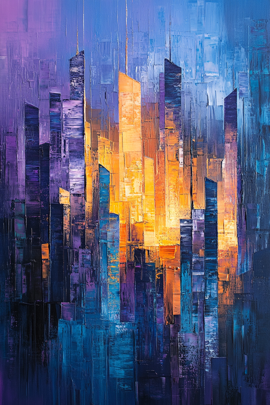 Abstract canvas of bustling cityscape at dusk. Energy, elegance.