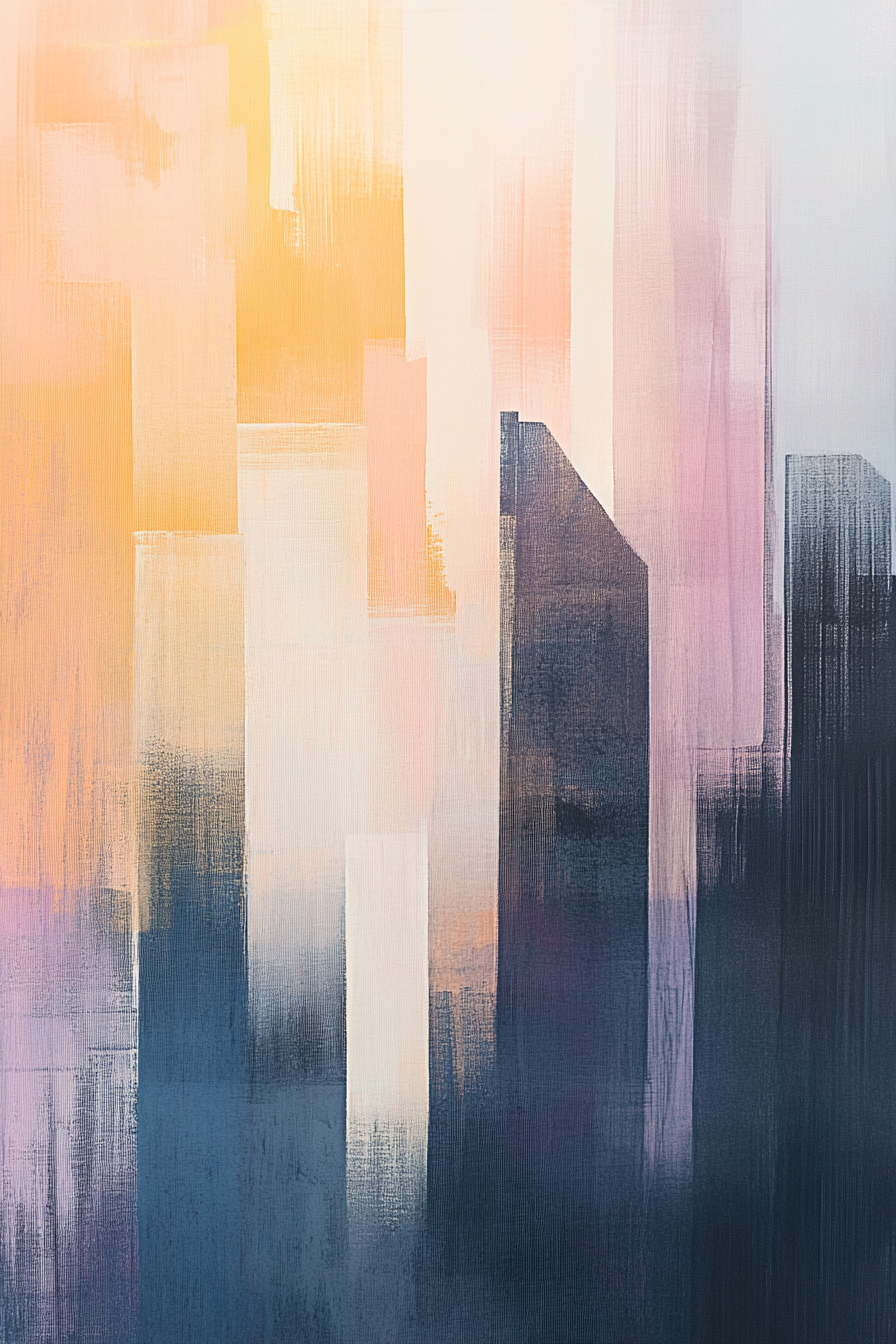 Abstract city skyline at sunrise with warm tones.