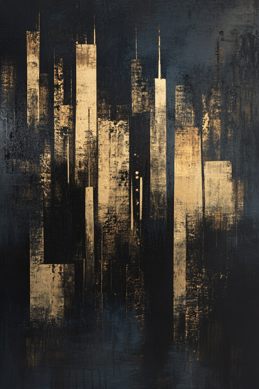 Abstract cityscape in navy, charcoal, gold: bold, sophisticated, elegant.