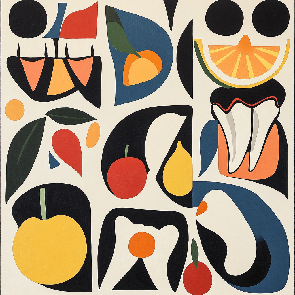 Abstract dental fruit and vegetable art, mid-century modern style.