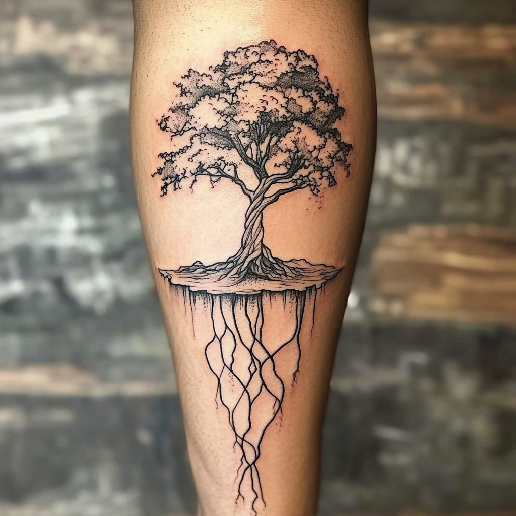 Abstract fine line tattoo of flourishing tree with roots.