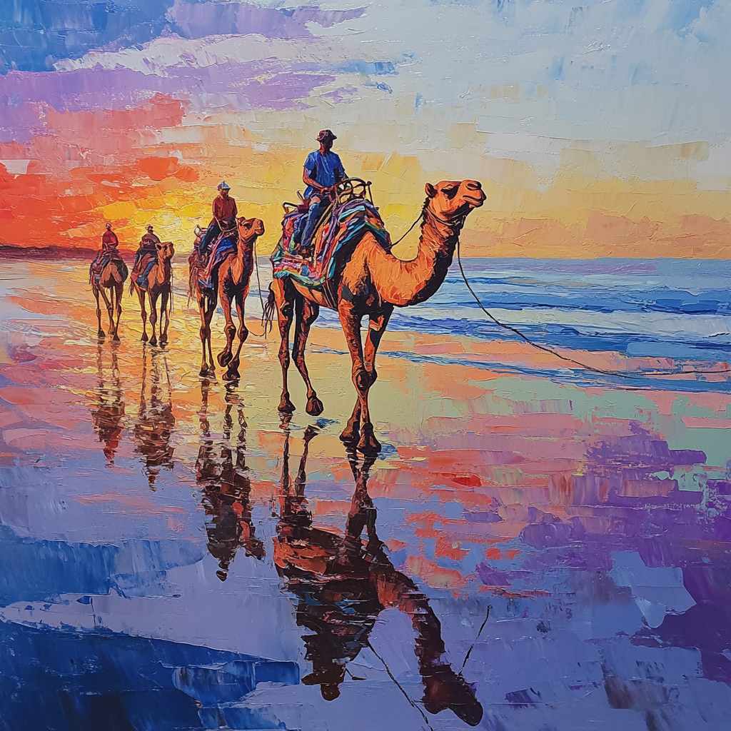 Abstract modern fragmented oil painting of camels walking on beach.