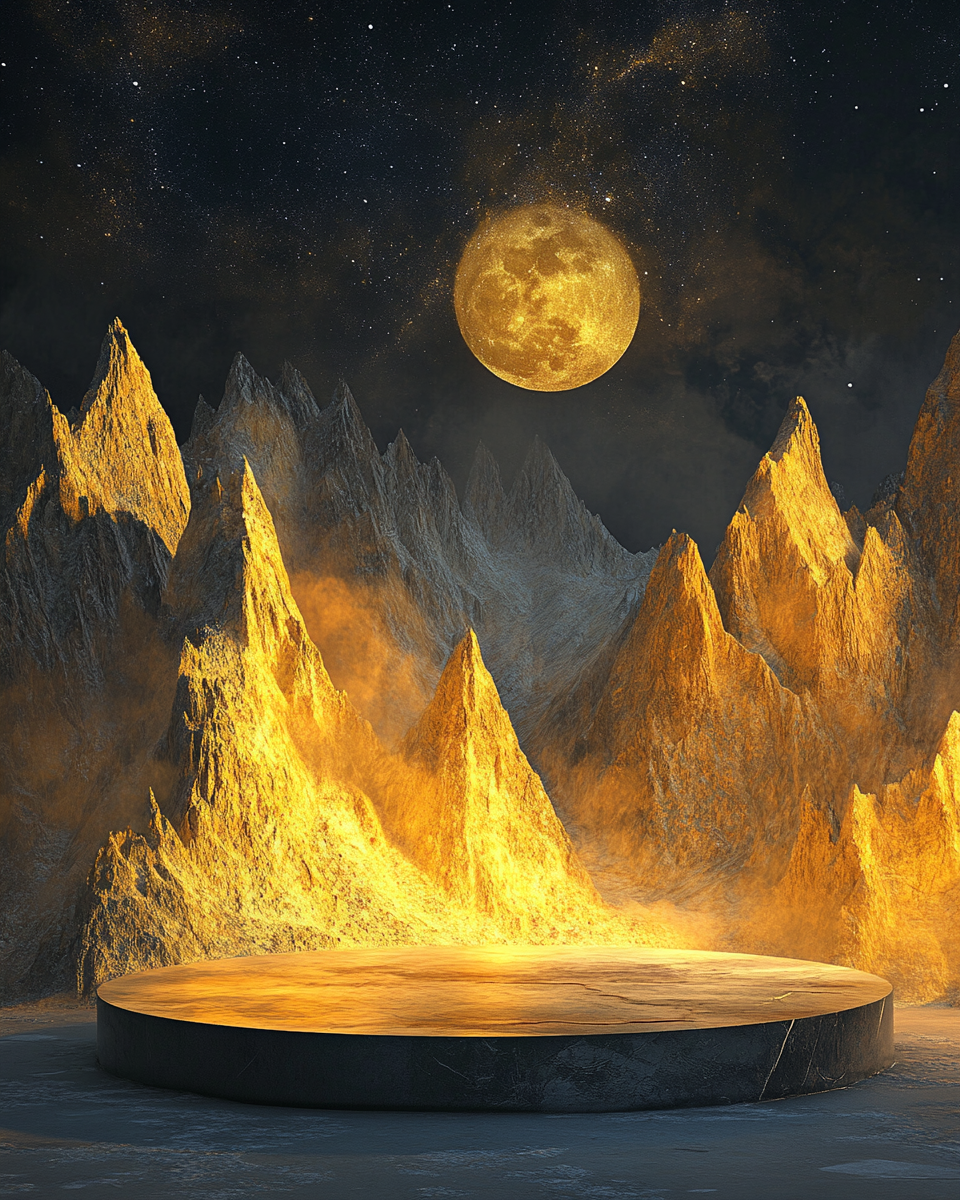 Abstract mountains in yellow and gold with moonlight, oval platform.