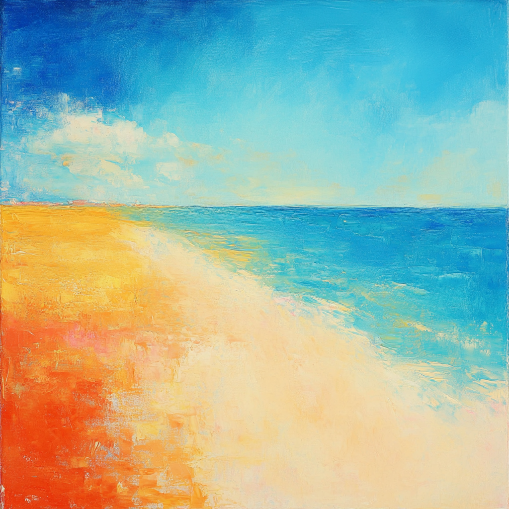 Abstract oil painting with warm, uplifting colors. Sky, coral, seashell, morning, blues, turquoise, azure.