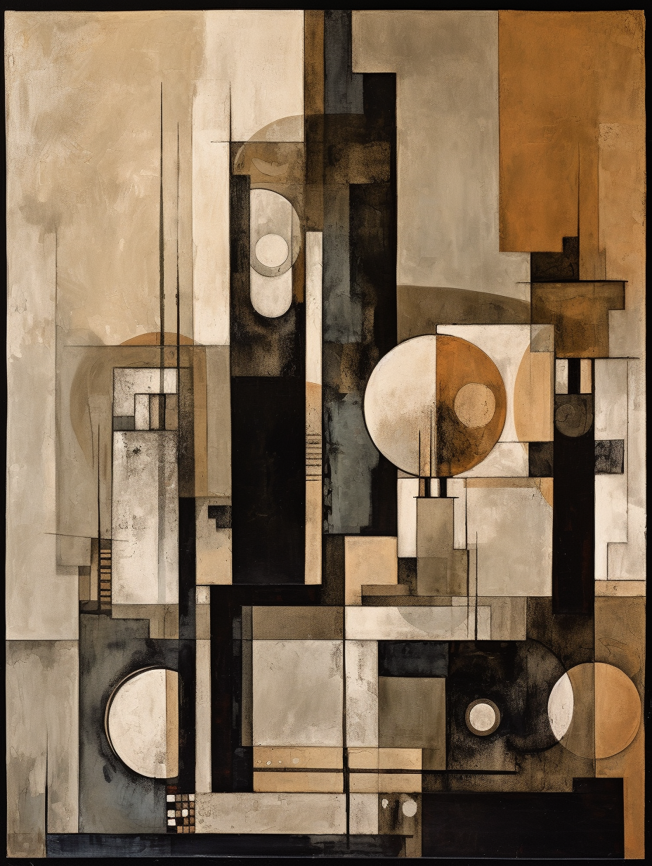 Abstract painting in beige and black with geometric shapes.