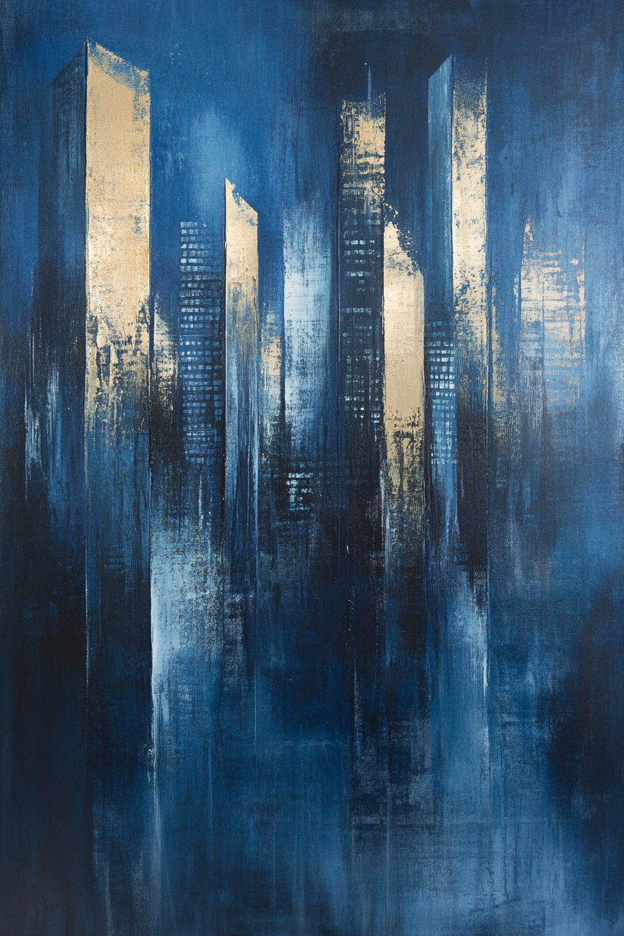 Abstract painting of city skyline with blues, greys, gold.