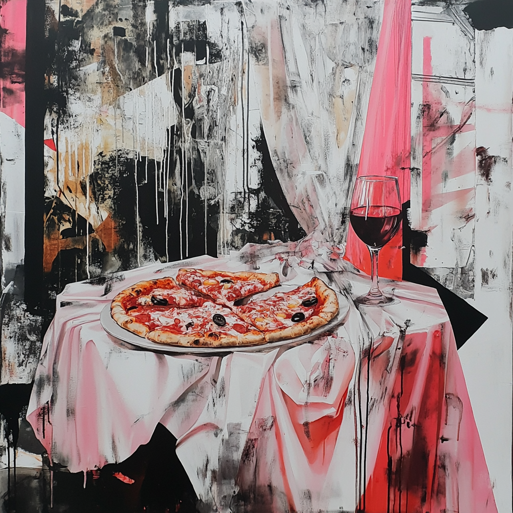 Abstract painting of table with draped cloth, pizza, wine.