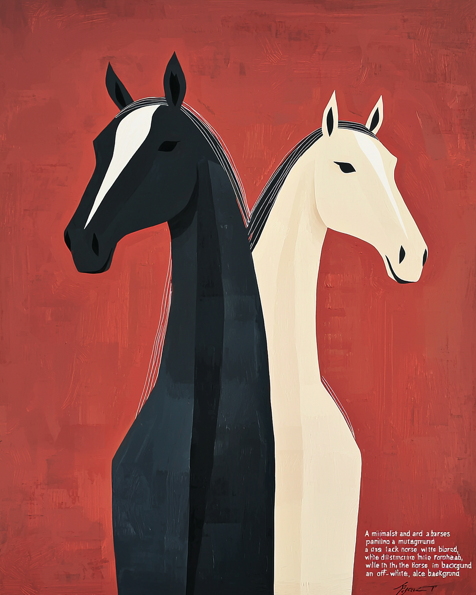 Abstract painting of two horses on red-brown background.