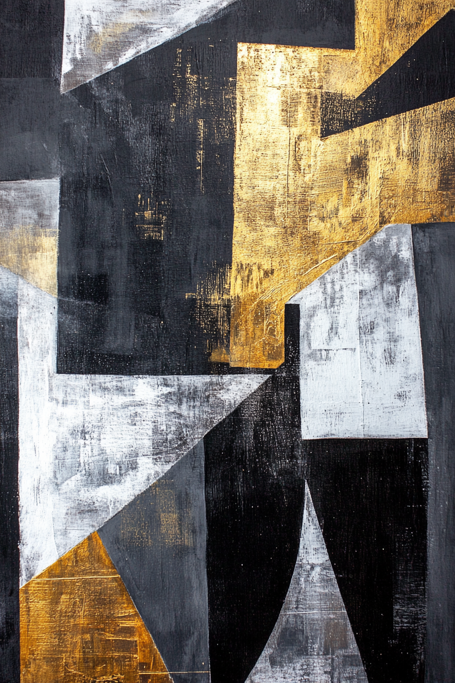 Abstract painting with deep charcoal, gold, silver accents. Structured shapes.