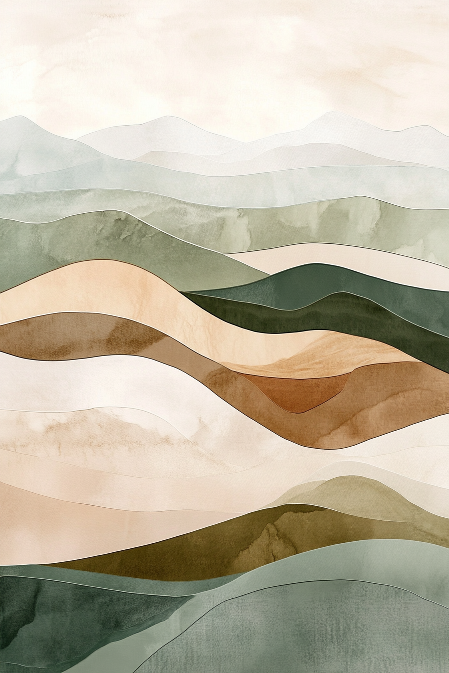 Abstract painting with gentle curves of hills and waves.