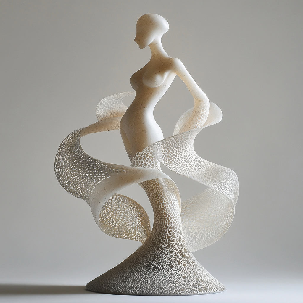 Abstract sculpture of slender figure in graceful pose.