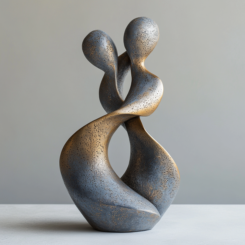 Abstract sculpture of slender figure intertwined with solid figure