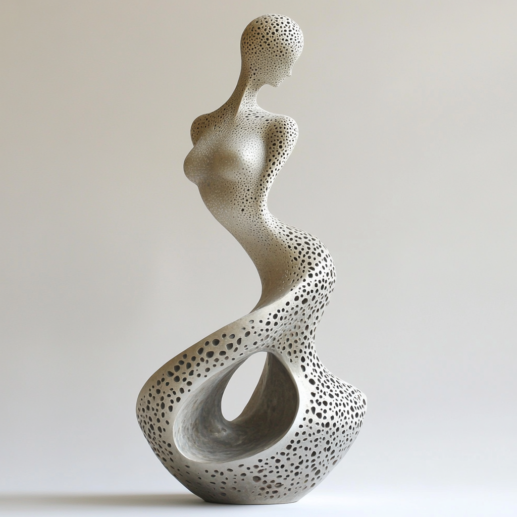 Abstract sculpture with slender figure in graceful pose.