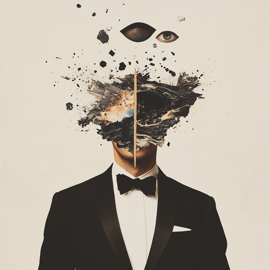 Abstract surreal collage: man in tux, head split.