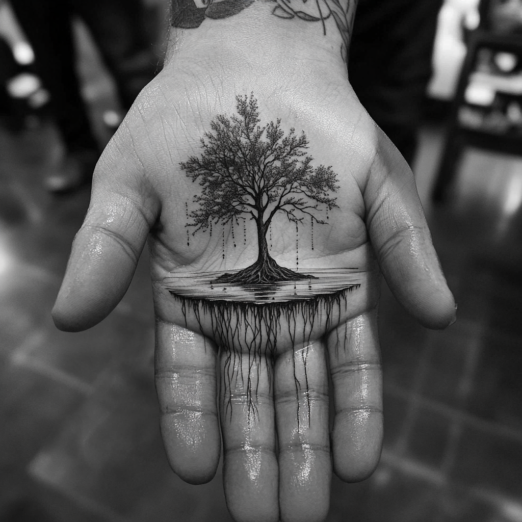 Abstract tattoo: healthy tree by still water, deep roots.