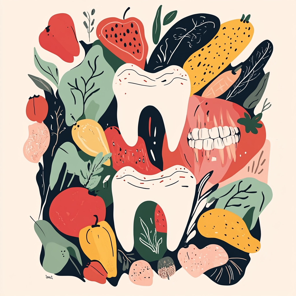 Abstract teeth and produce merge tastefully in sleek artwork.