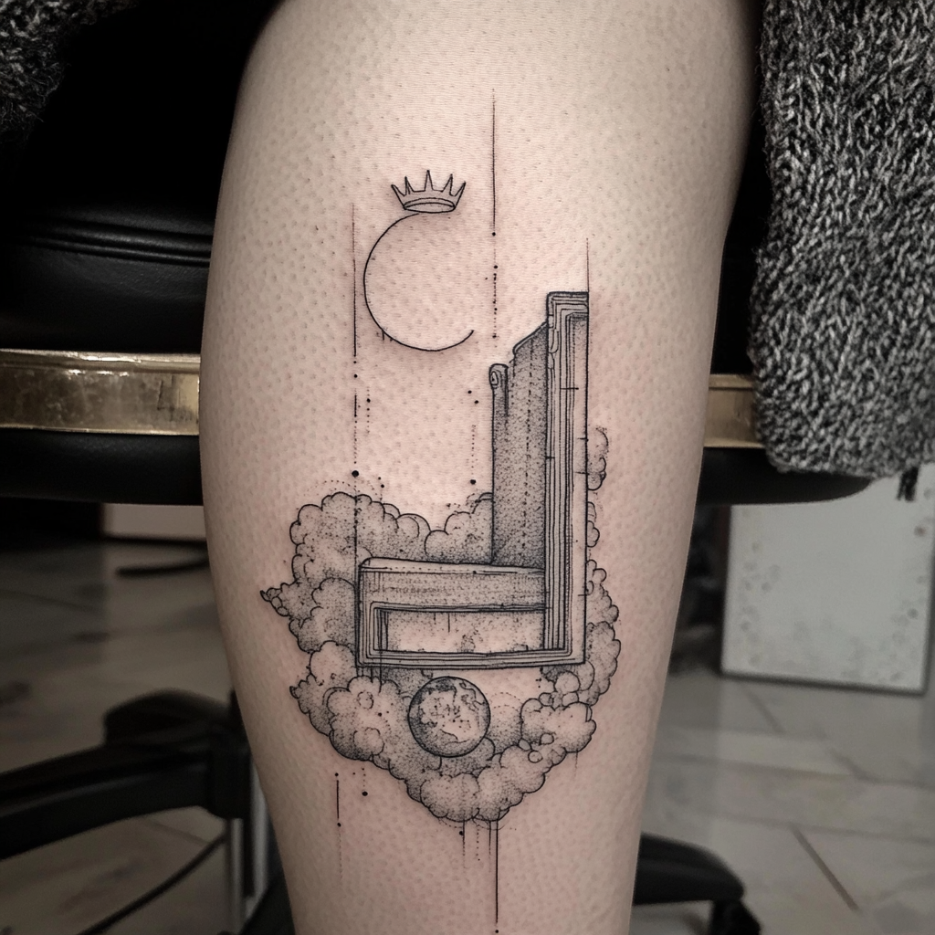 Abstract throne chair tattoo with crown, clouds, Earth view.