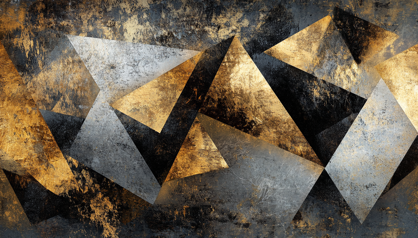 Abstract triangles and circles float in liquid gold background, shifting.