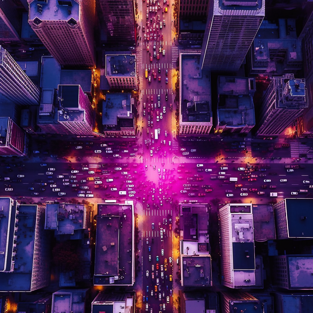 Abstract view of big city from drone, shades of purple.