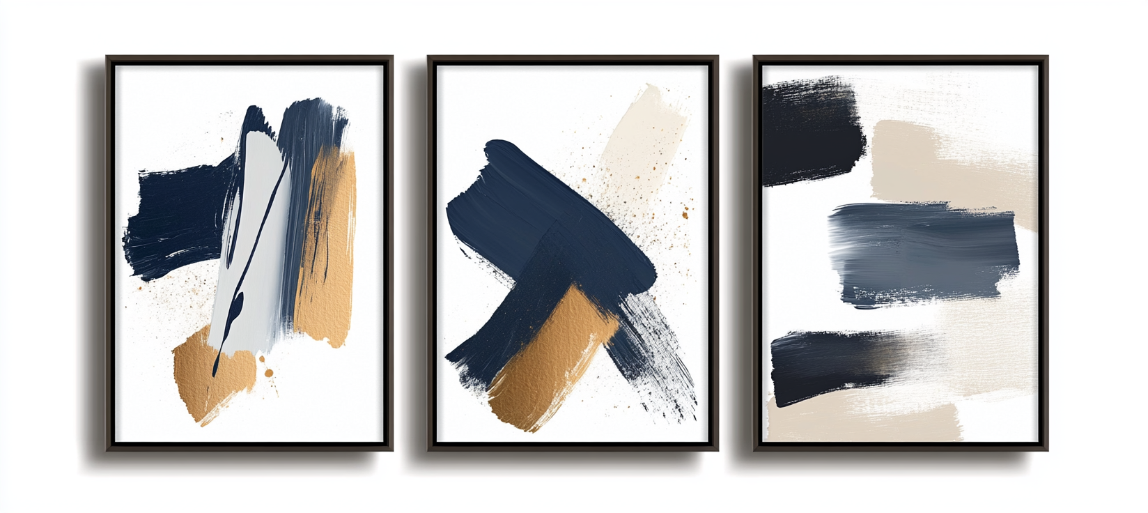 Abstract wall art set, three frames, neutral tones, navy blue.