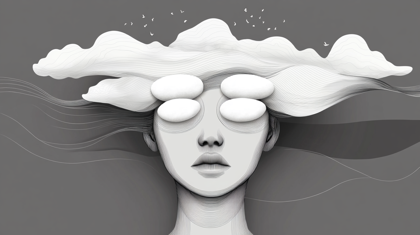 Abstract woman's snowy head with cotton pads, clouds.